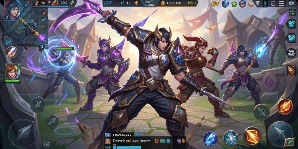 Gambar tampilan utama permainan FIONA77 dengan aksi gameplay MOBA.