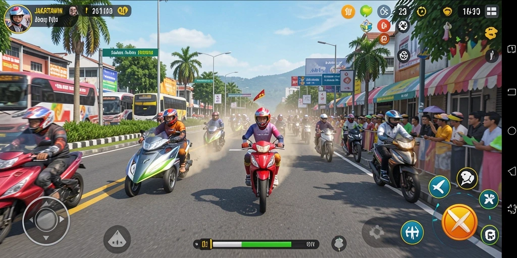 Gameplay menegangkan JAKARTAWIN dengan balapan di trek yang bervariasi.