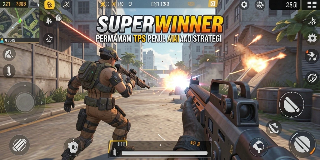 Screenshot utama SUPERWINNER menampilkan adegan aksi intens di TPS.